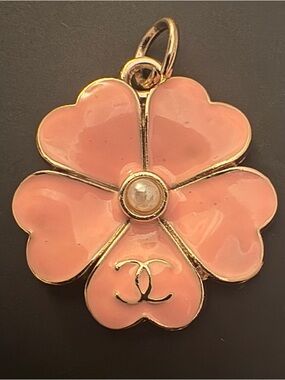 CHANEL Pink Camellia Flower Charm CC Logo Gold Tone Enamel Pearl Center